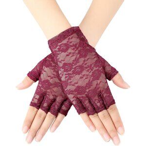 Women's Burgundy Floral Short Lace Gloves Sunblock Fingerless Bridal Opera Party